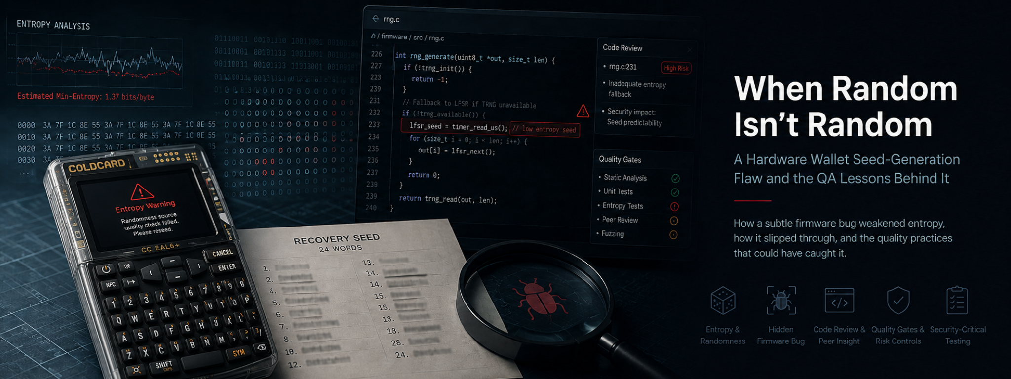 Hardware wallet seed generation issue shown as a QA investigation of entropy, firmware and missing quality gates