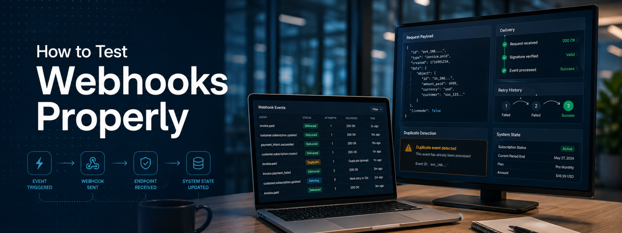 QA engineer testing webhook delivery, duplicate events, retries and product state updates